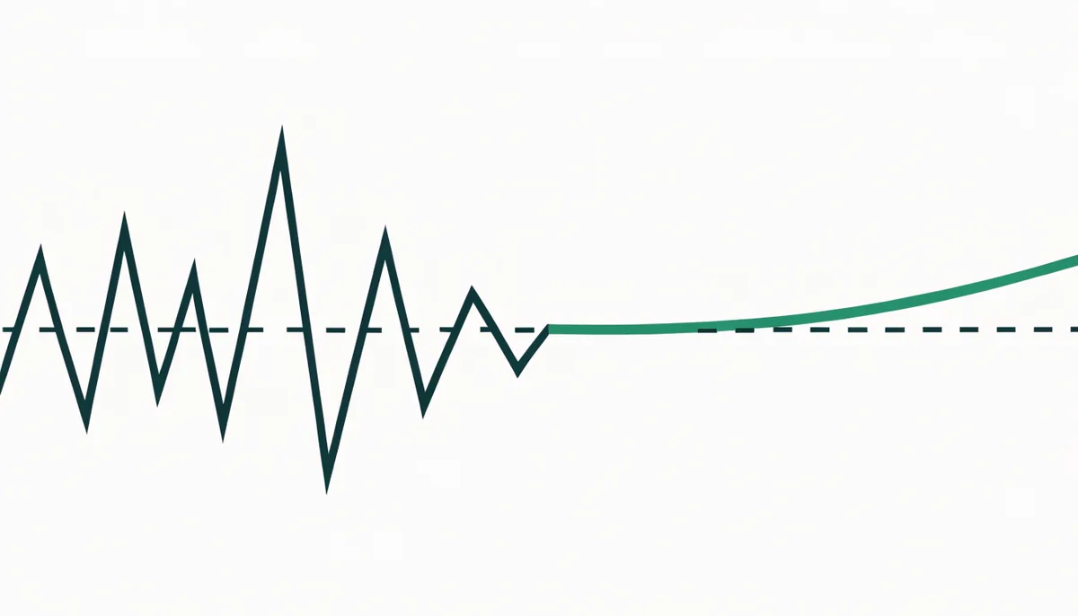 Abstract illustration of an erratic line crossing a threshold repeatedly before settling, in dark teal and green, representing the peeking problem in statistics