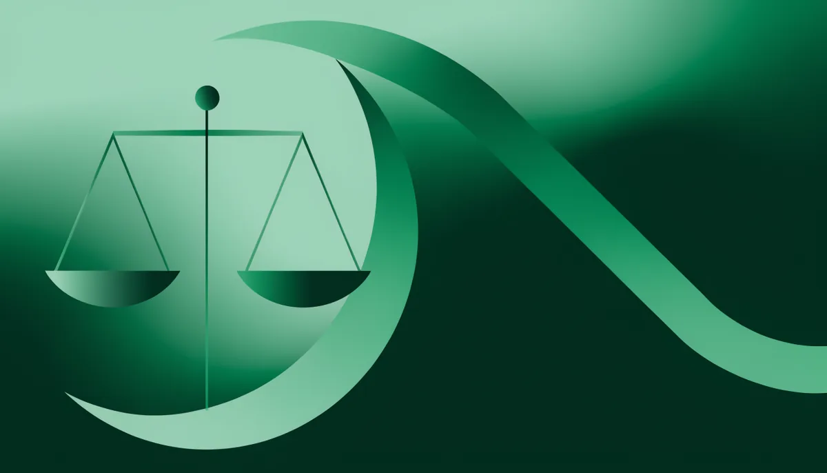 Ilustração abstrata de uma balança e uma curva de risco decrescente, em tons de verde e teal, representando o equilíbrio entre chance e tamanho do erro numa decisão bayesiana