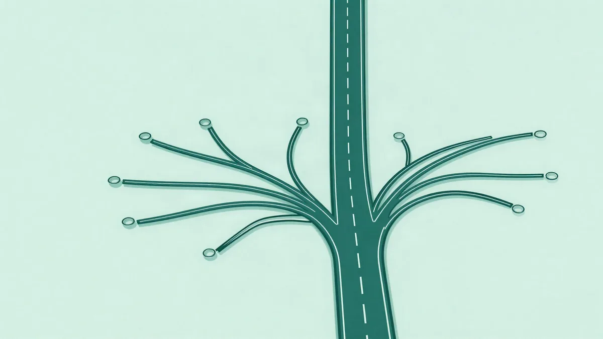 Ilustração vista de cima de uma estrada que se bifurca, um ramo se abrindo em muitas faixas finas personalizadas e o outro seguindo como duas faixas retas paralelas