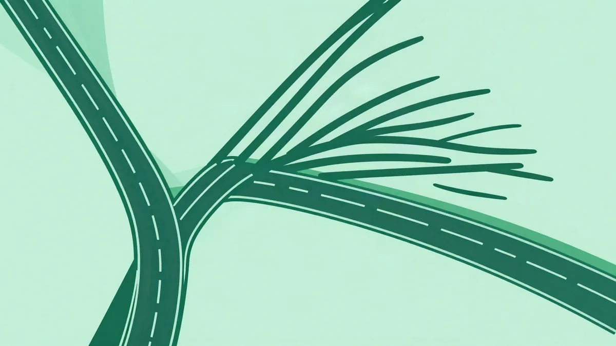 Overhead illustration of a road that forks, one branch fanning out into many thin personalized lanes and the other continuing as two straight parallel lanes