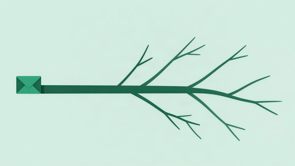 Ilustração plana de um caminho reto que sai de um envelope lacrado e depois se abre em dezenas de trilhas finas que se bifurcam, em verde profundo sobre fundo verde menta