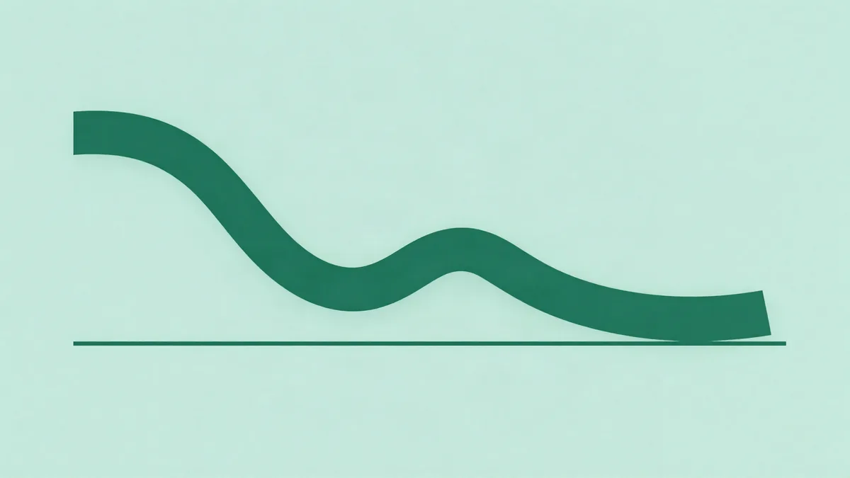 Ilustração plana de uma curva espessa descendo até encostar numa linha de base horizontal, em tons de verde profundo sobre fundo verde menta