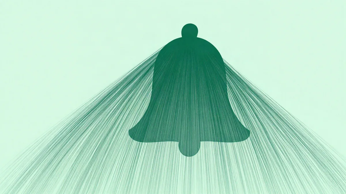 Ilustração plana de centenas de traços finos e translúcidos verdes irradiando para baixo e formando juntos a silhueta de um sino sólido no centro