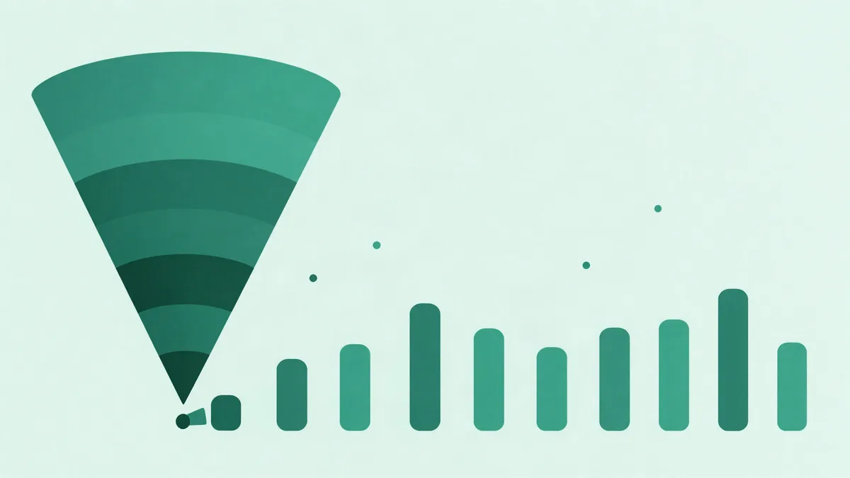 Abstract illustration in dark green and teal of a layered funnel next to a row of rounded timeline bars and scattered event dots, representing product analytics