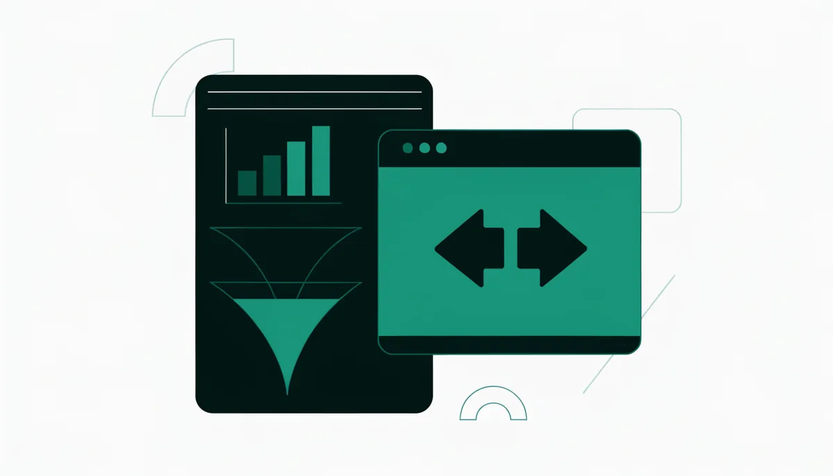 Ilustración abstracta de un dashboard de product analytics y un panel de testing de marketing conectados por una flecha de comparación