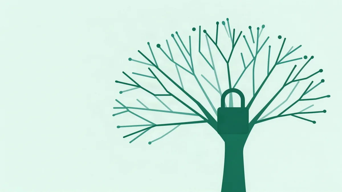 Flat illustration of a tree whose canopy fans out into dozens of thin branching paths, with a padlock closing off the single trunk below, in deep forest green on a mint background