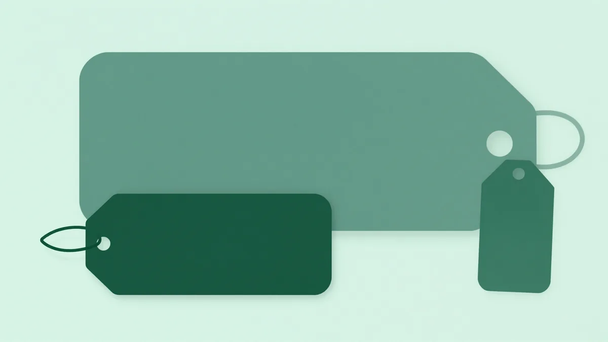 Abstract illustration of two floating price tags of different sizes side by side, one large and faded, one smaller and bold, in deep green and teal tones, no text