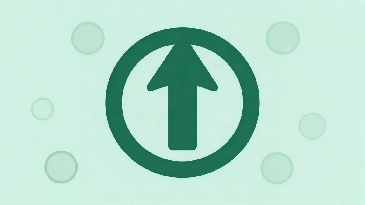 Flat illustration of one large bright arrow inside a plain ring surrounded by many small faded empty circles, in deep green tones