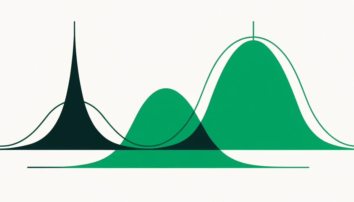 Ilustração de duas curvas de distribuição de probabilidade lado a lado, uma achatada e larga representando um prior fraco e outra estreita e alta representando um prior forte, em tons de verde e teal
