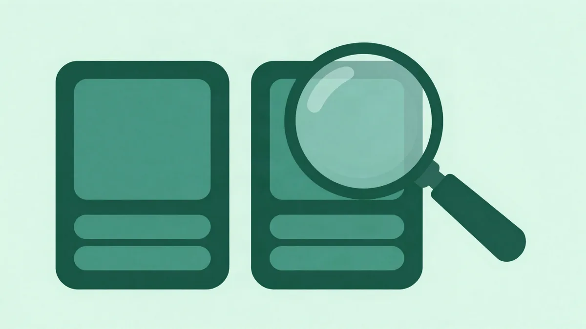 Abstract flat illustration of two product card panels side by side, the right one lifted with a magnifying lens hovering over it