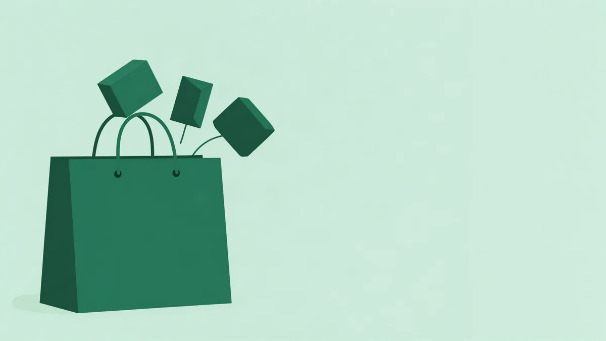 Flat illustration of a shopping bag with three small product boxes fanning out from it, each joined by a thin line