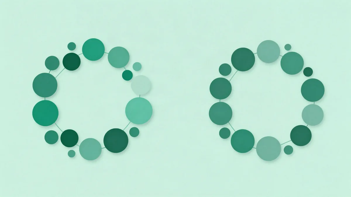 Flat illustration of two groups of circles of varying sizes, some joined by thin lines to a similarly sized partner in the other group while the rest fade out
