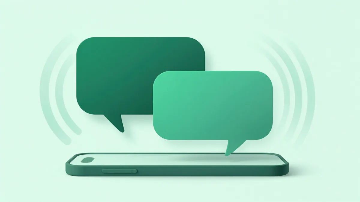 Two abstract rounded notification cards floating above a stylized smartphone silhouette with soft signal arcs, in deep green and teal on a light mint background
