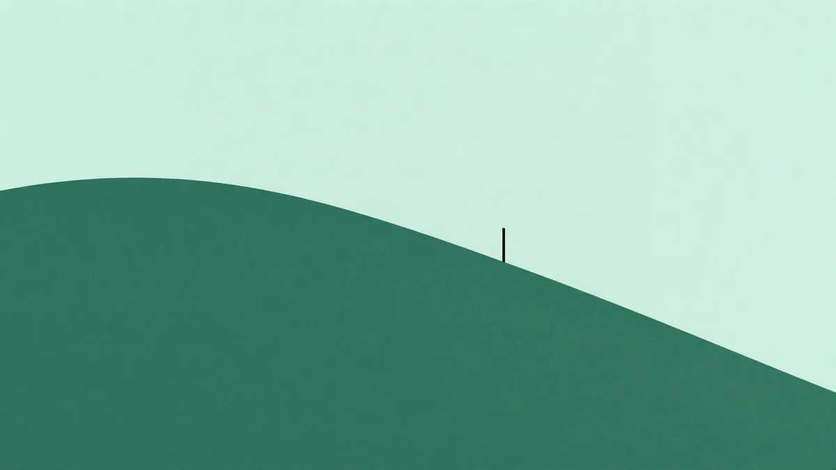 Flat illustration of a smooth green hill shape with a long thin tail stretching to the right and a slim vertical marker standing on the far slope