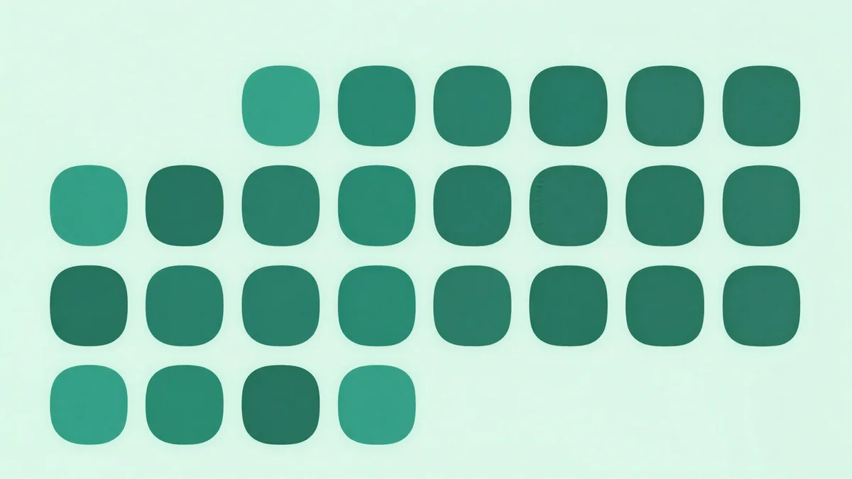 Ilustração abstrata de uma grade de calendário em verde escuro e teal, representando a quantidade de experimentos que cabem em um mês