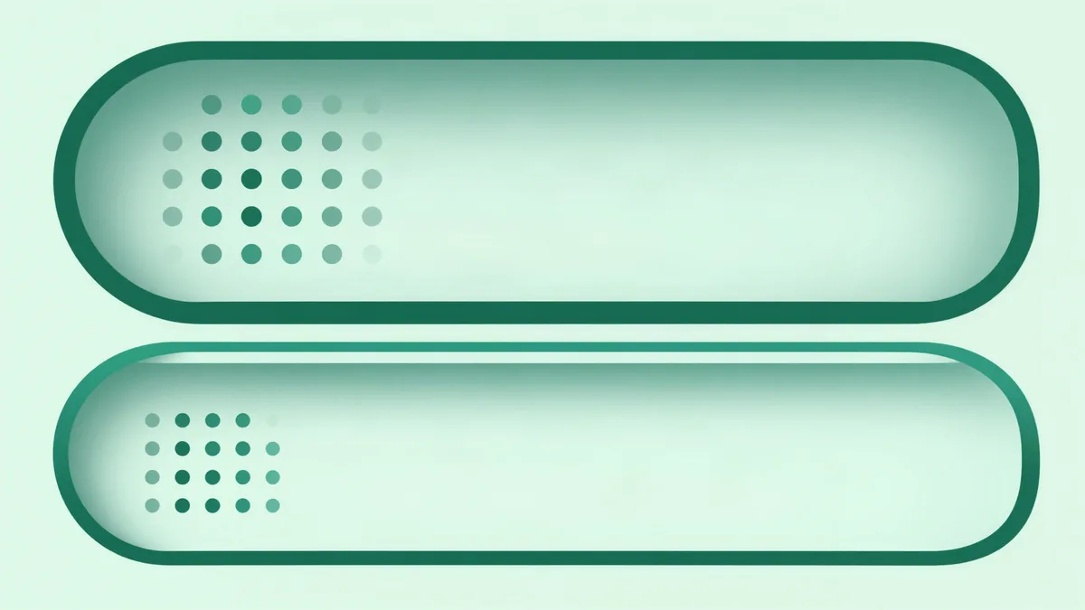 Flat illustration of two long rounded containers stacked vertically, each holding a grid of small dots, in deep forest green and mint tones