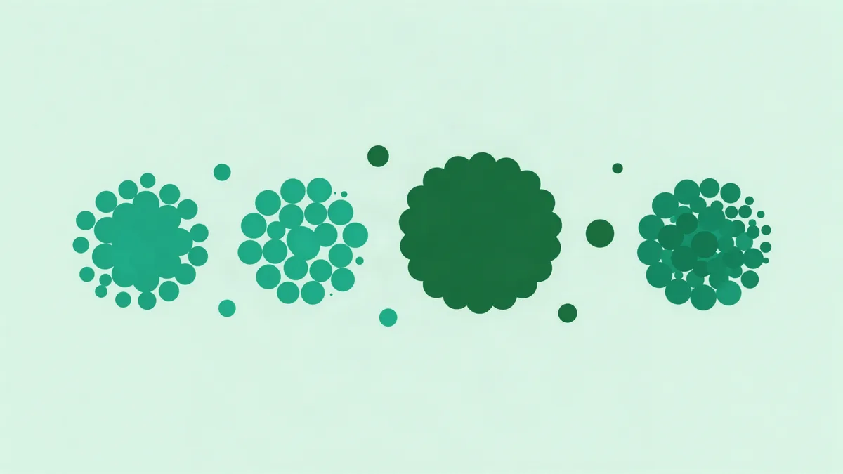 Flat illustration of small round dots gathered into clusters of very unequal size across a band, in deep green tones