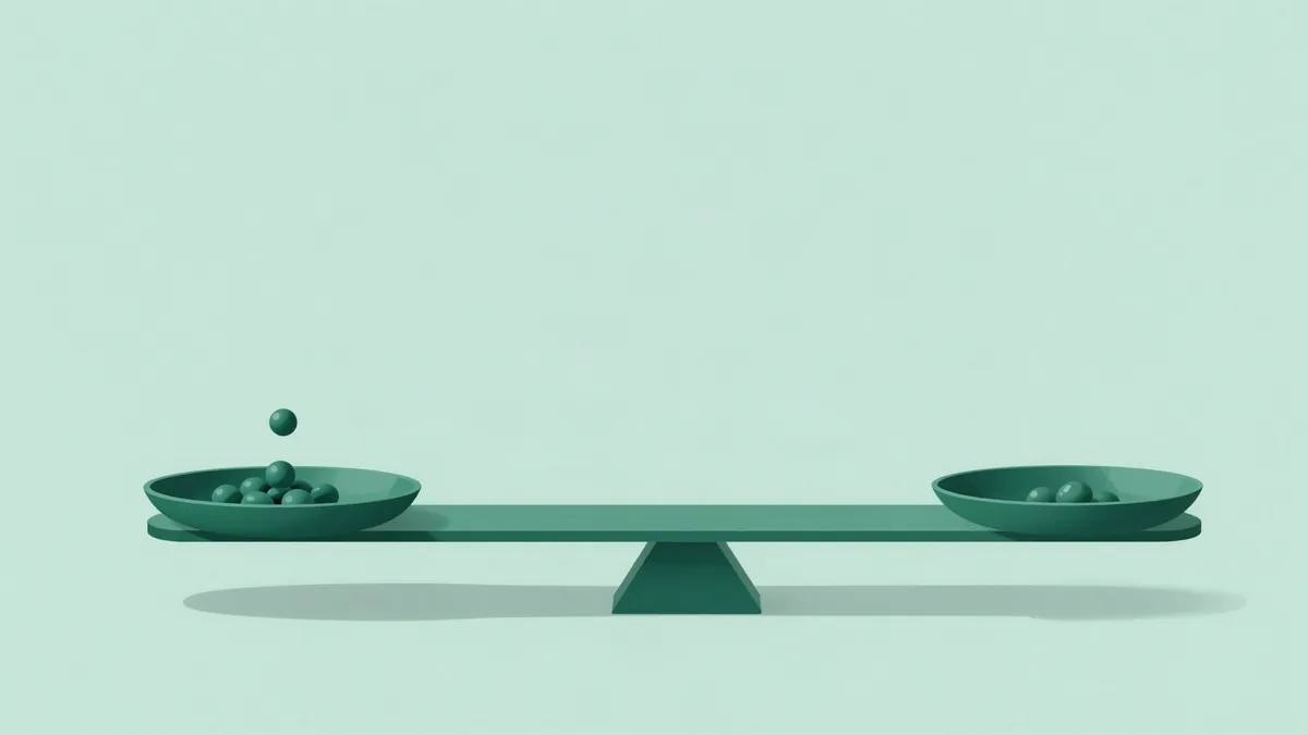 Ilustração plana de uma balança de dois pratos com esferas, uma esfera em queda passando do prato mais cheio para o mais vazio, sobre fundo verde menta