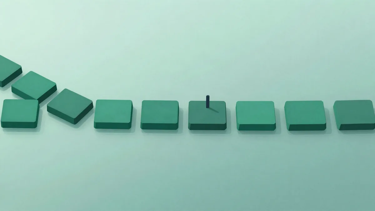 Ilustração plana de um caminho de pedras retangulares verdes atravessando uma superfície clara, com um pequeno marcador fincado numa das pedras do meio e mais pedras continuando depois dele