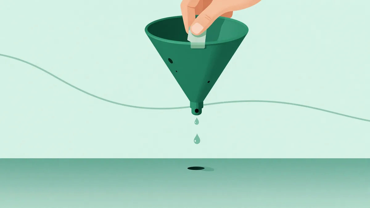 Abstract editorial illustration in dark green and teal of a hand patching a leaking funnel while a curve in the background flattens, representing churn reduction