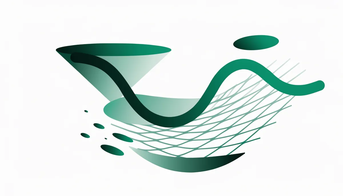 Ilustração abstrata em verde escuro e teal de um funil e uma rede capturando elementos em queda, representando a redução de churn, sem texto