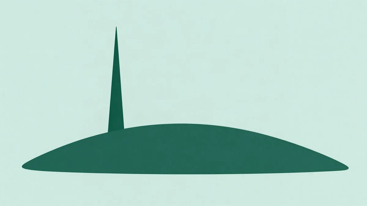 Ilustración plana de un pico estrecho y alto junto a un montículo ancho y bajo apoyados en la misma línea de base horizontal, en tonos de verde profundo sobre fondo verde menta
