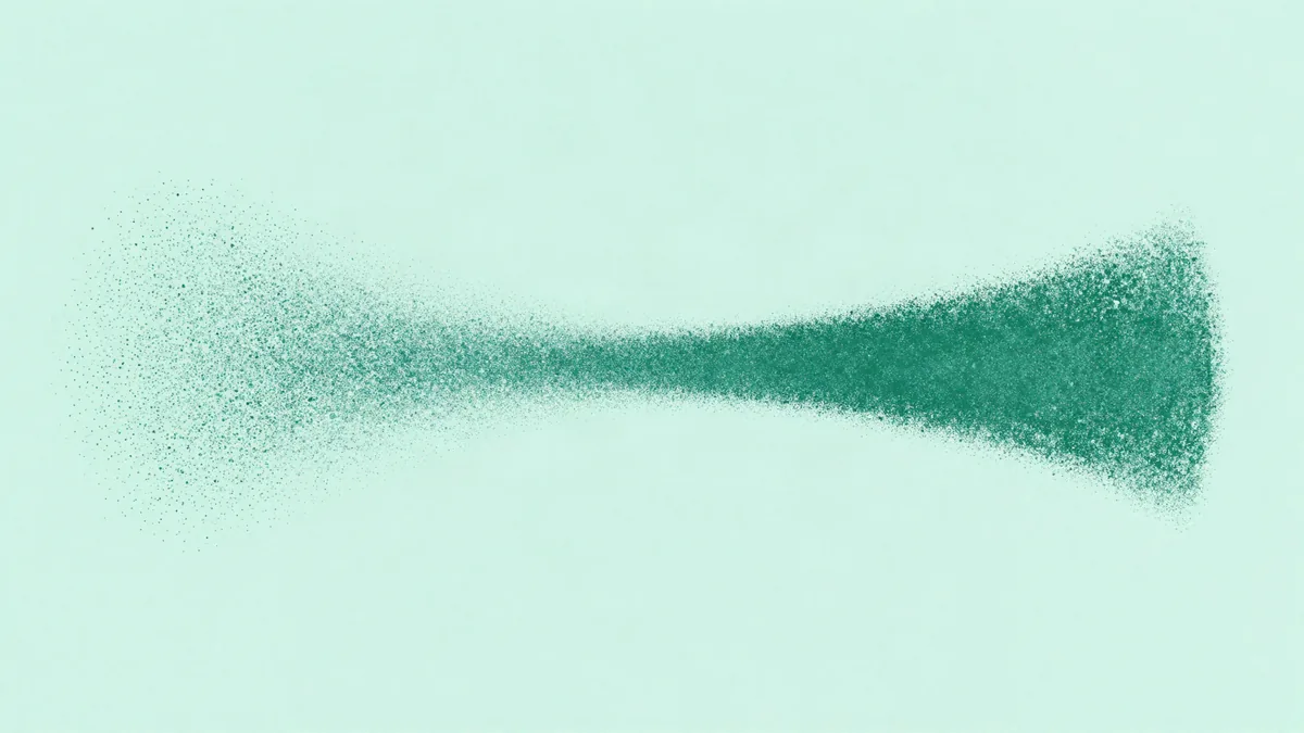 Flat illustration of a scattered cloud of dots on the left condensing into a dense narrow band on the right