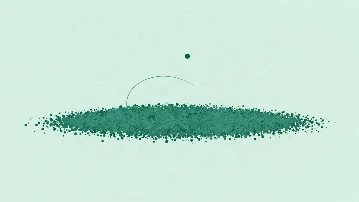 Flat illustration of a scattered cloud of small dots around a broad horizontal band, with one lone dot high above connected by a thin arc to a second dot resting back near the band, in deep green tones