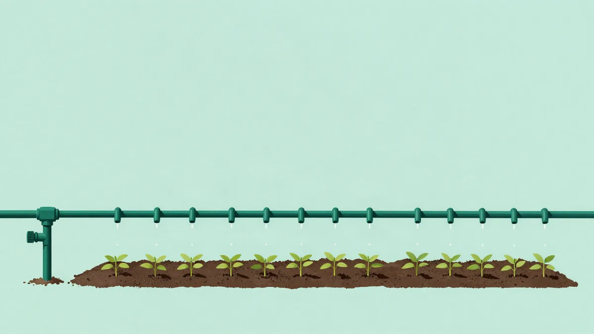 Ilustração plana de uma linha de irrigação por gotejamento com emissores igualmente espaçados sobre um canteiro de mudas, com uma válvula na ponta esquerda, sobre fundo verde menta
