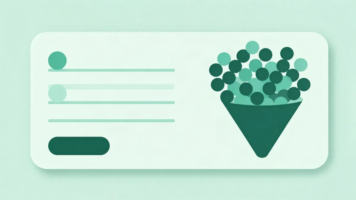 Flat illustration of a form card with three input lines and a rounded button next to a funnel filtering circles into a smaller group
