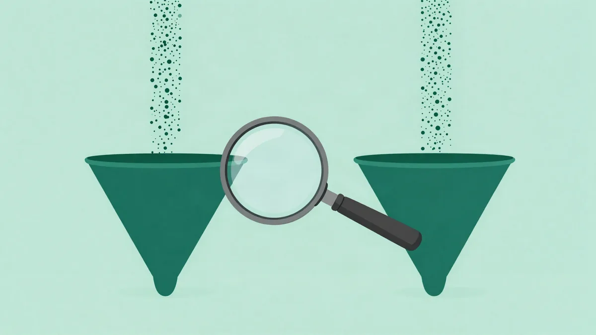 Flat illustration of two funnels receiving unequal streams of particles with a magnifying glass between them, in deep green tones