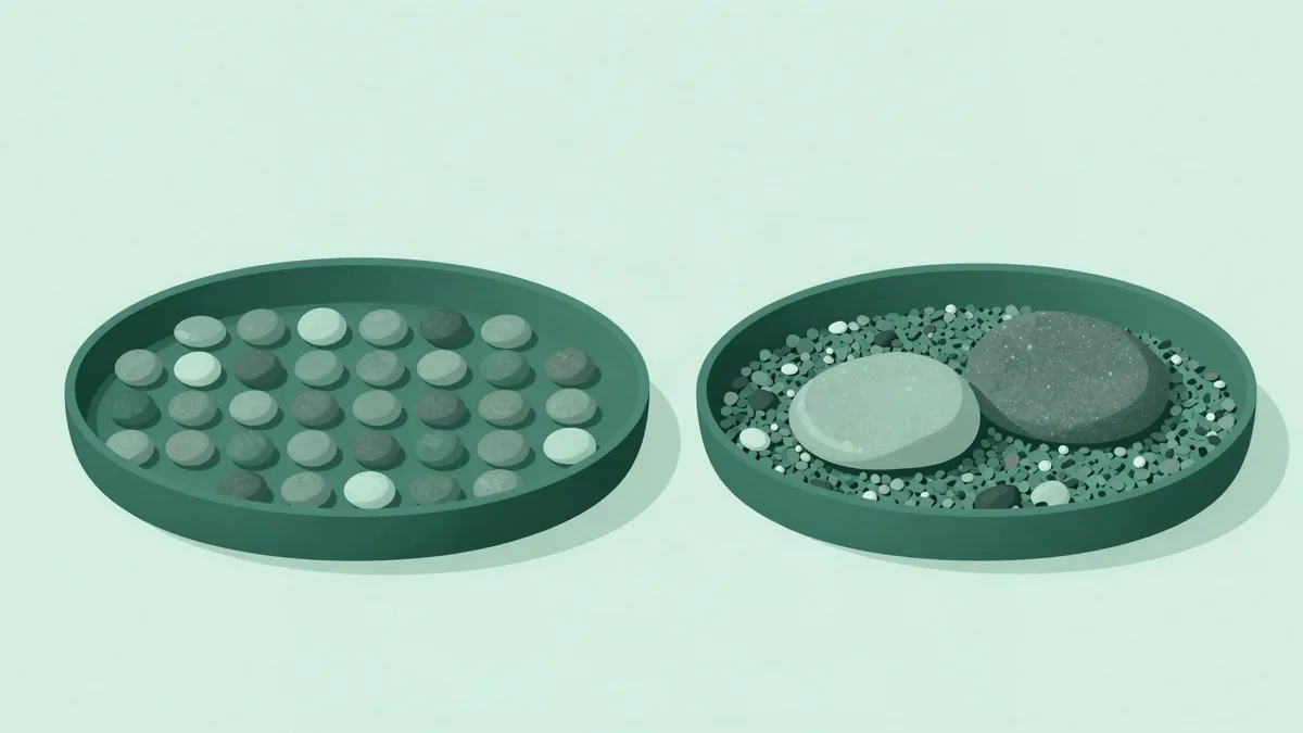 Flat illustration of two shallow trays side by side, one holding many small identical pebbles in even rows and the other holding two very large stones among many tiny ones, in deep forest green and mint