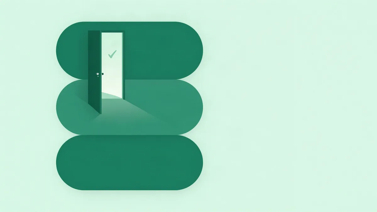 Flat illustration of three stacked form cards getting simpler in sequence and leading to an open doorway with a check mark