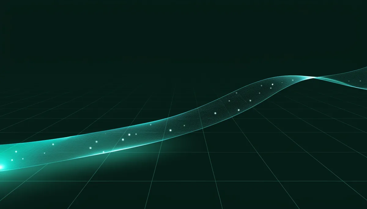 Abstract illustration of a luminous wavy ribbon crossing a perspective grid on a dark green background, with small points of light along its path, representing a statistically valid reading at any point in time