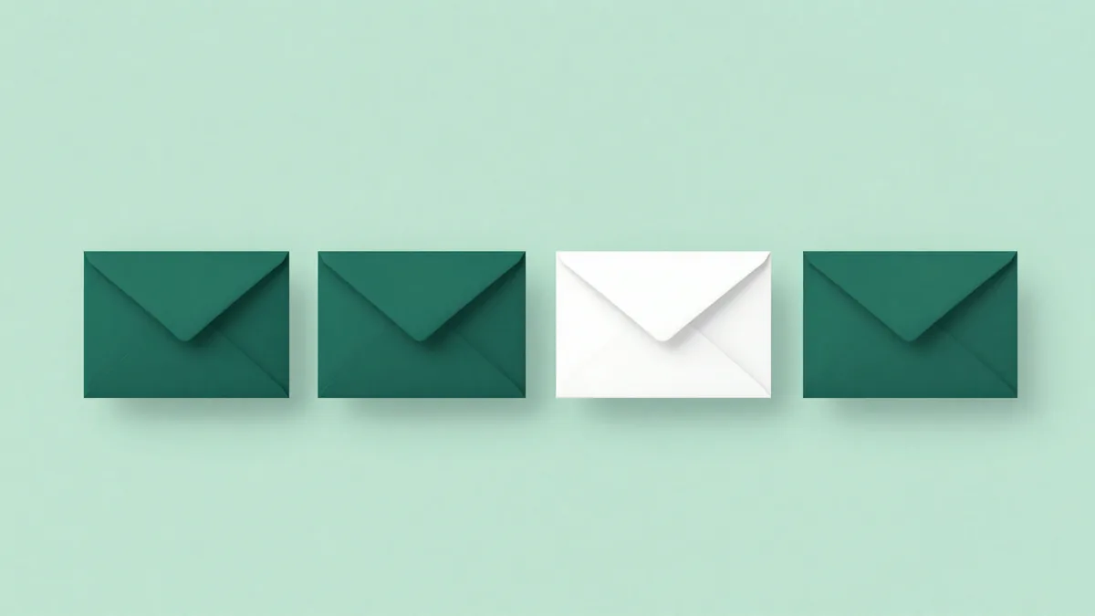 Ilustração abstrata em verde escuro e teal de uma fileira de envelopes em fila, um deles destacado em branco no meio dos demais