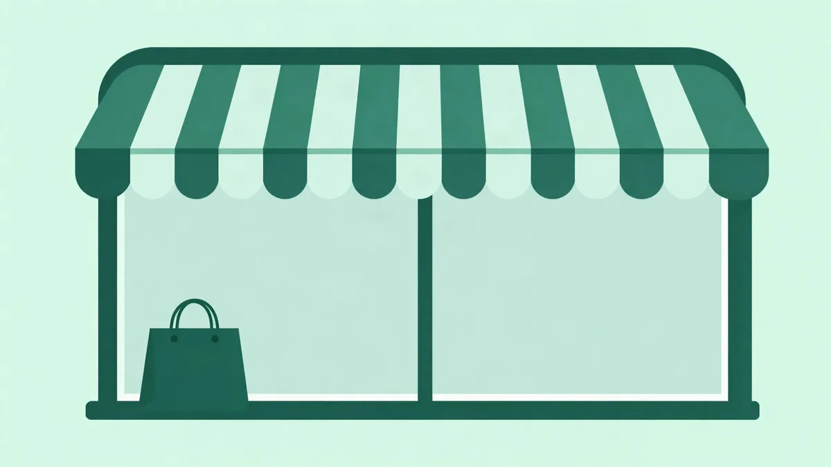 Abstract flat illustration of a striped storefront awning above a browser panel split down the middle into two mirrored halves