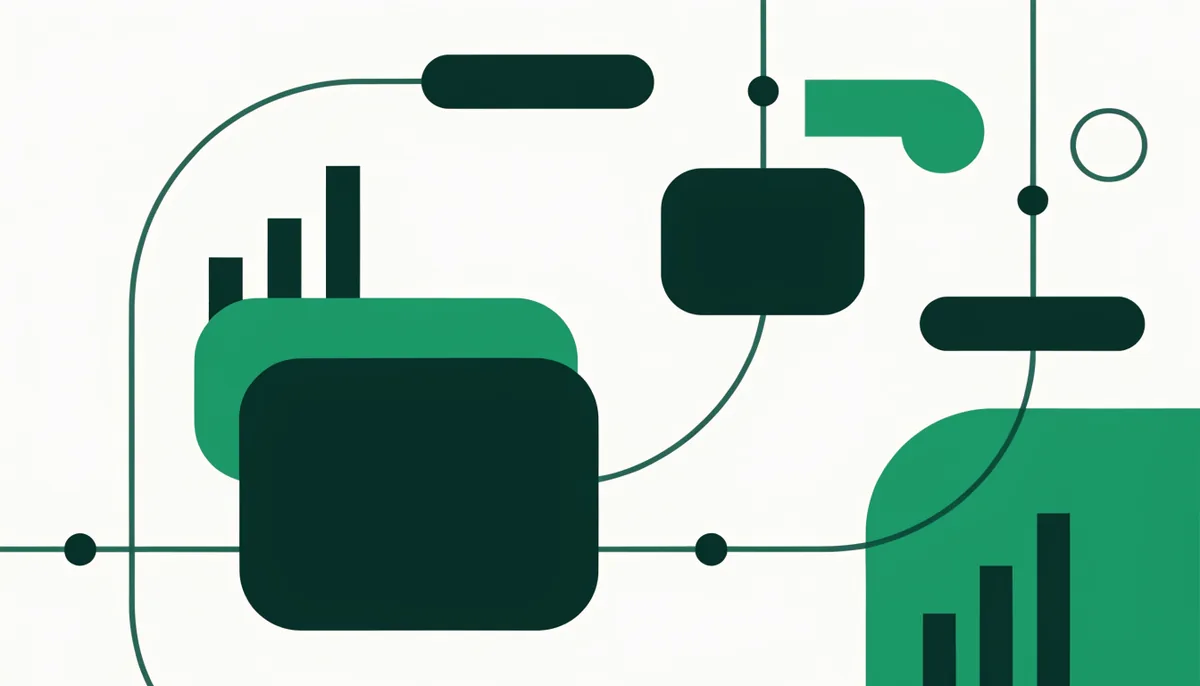 Abstract illustration of a shopping bag next to simple shapes representing an online store funnel