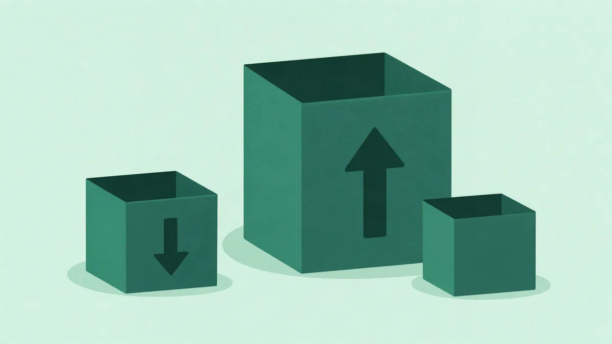 Flat illustration of two small boxes holding downward arrows next to one larger box holding an upward arrow, in deep green tones