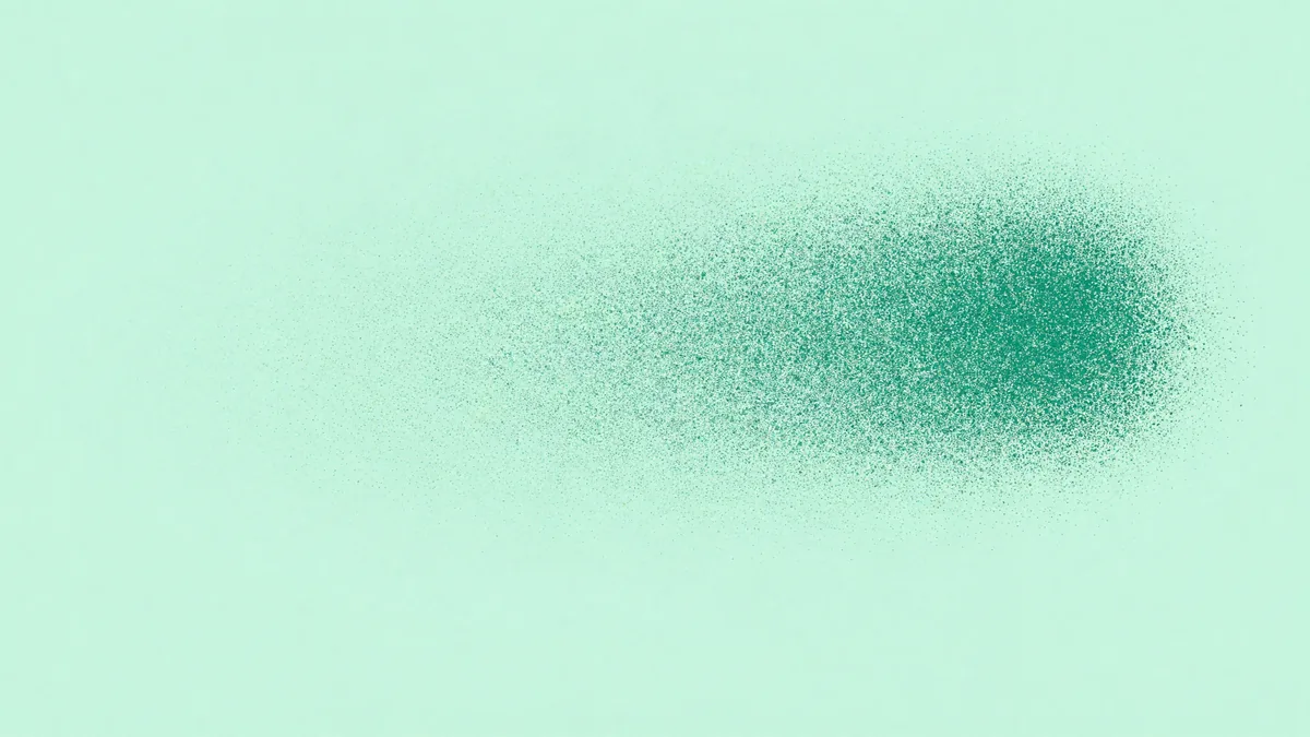 Flat illustration of a wide cloud of tiny faint green dots scattered across the frame and gradually condensing toward the right into a denser mass