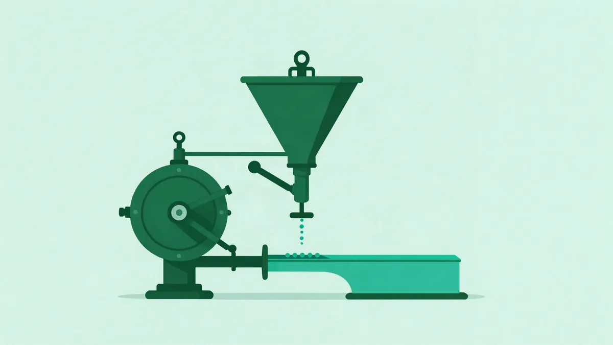 Flat illustration of a mechanical governor with a flywheel adjusting the valve of a hopper that drips small spheres into a channel, on a mint green background