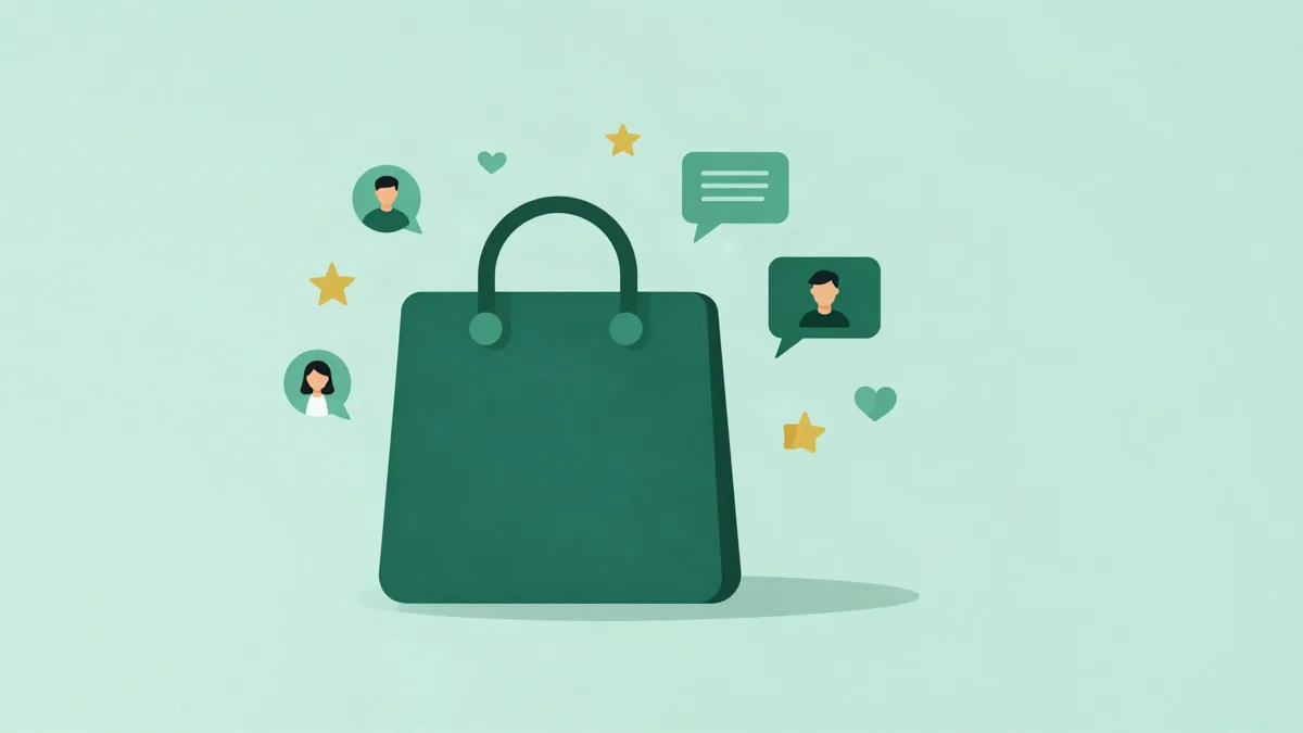 Flat illustration of a dark green shopping bag in the center, surrounded by avatars of people in speech bubbles, a bubble with lines of text, gold stars and hearts, on a mint green background