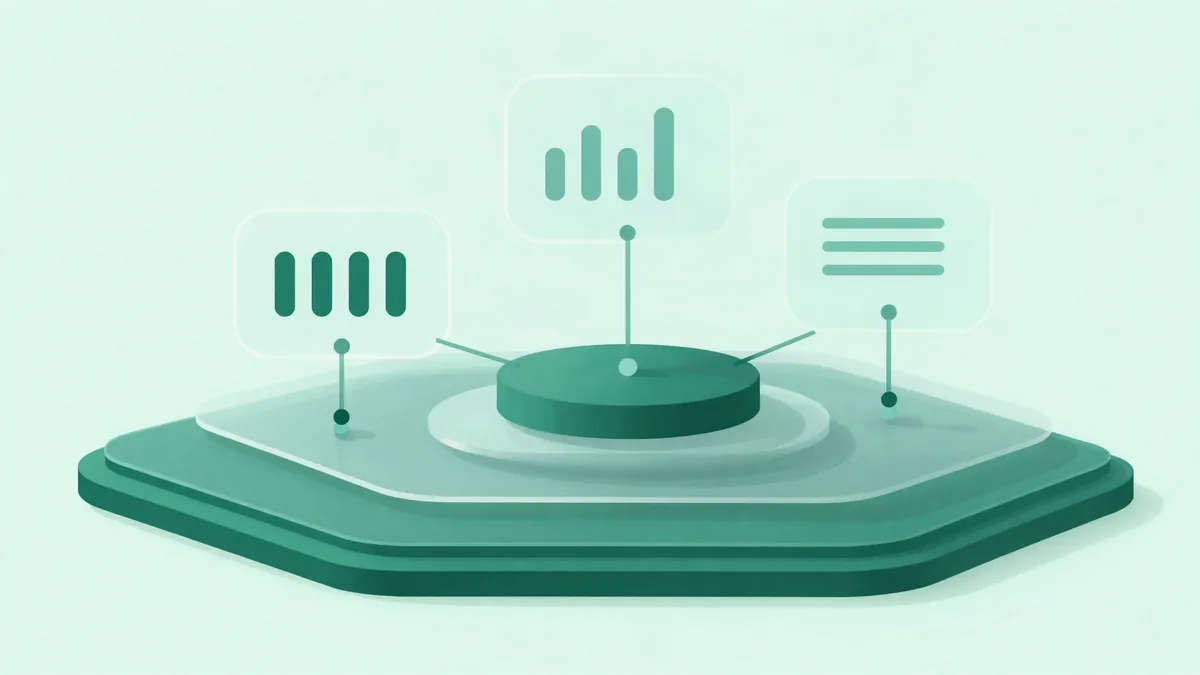 Abstract illustration in dark green and teal of layered panels holding bar shapes and toggles connected to a central node, representing an experimentation platform