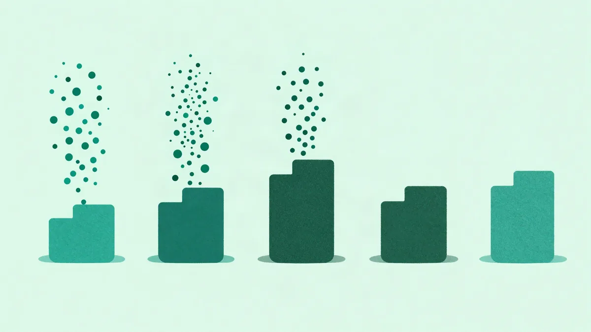 Flat illustration of small green dots rising in loose columns above five solid blocks of different heights, the dots drifting upward from three of the blocks