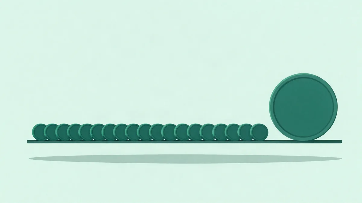 Flat illustration in deep forest green on a soft mint background: a long row of many small identical coins resting on a bar, with one single large coin at the far right, representing recurring payments compared with a single payment