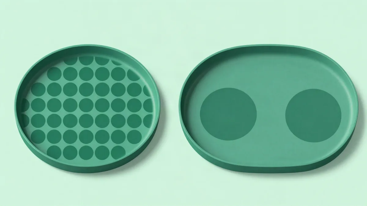 Ilustração plana de duas bandejas rasas lado a lado, uma com muitos círculos pequenos e iguais em fileiras regulares e outra com poucos círculos grandes entre muitos minúsculos, em verde profundo e verde menta