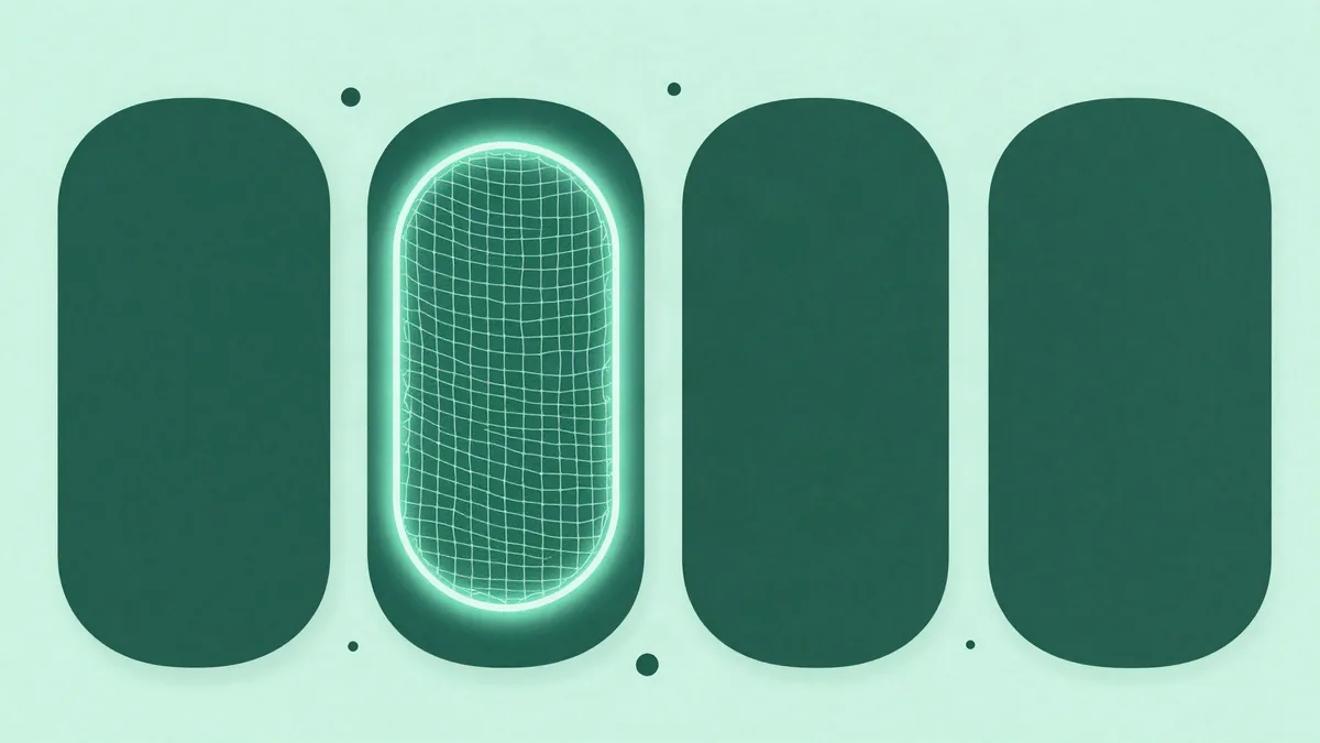 Ilustração plana de quatro painéis arredondados lado a lado, um deles com contorno luminoso e uma malha filtrando pontos, em tons de verde profundo