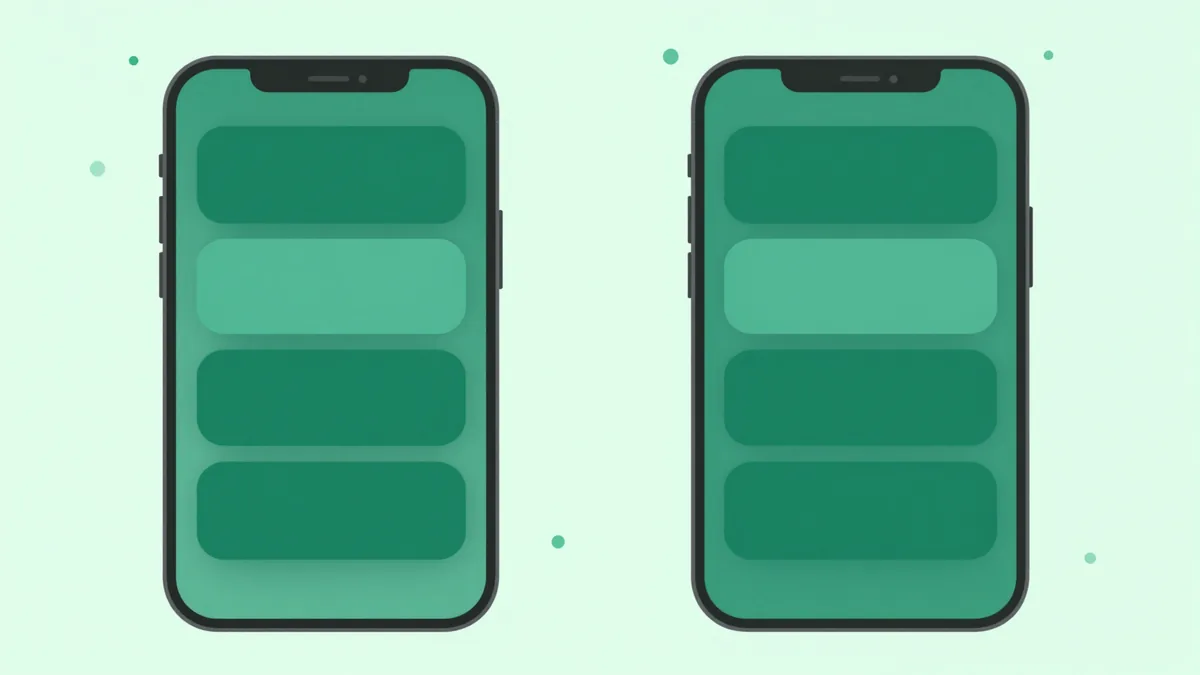 Ilustração de dois smartphones lado a lado, cada um mostrando um arranjo diferente de cartões na tela, representando duas variações de um teste A/B mobile
