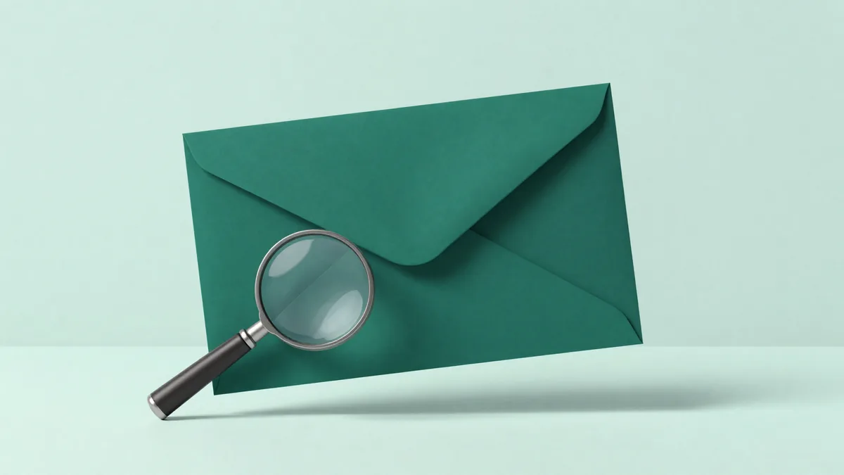 Ilustração de um envelope verde escuro com uma lupa apoiada sobre ele, simbolizando a análise comparativa de duas variações de assunto de e-mail