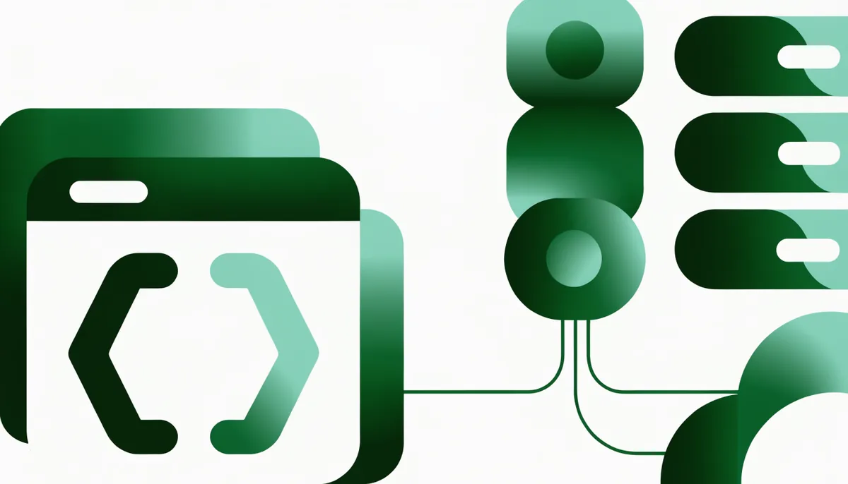 Ilustração abstrata de uma janela de navegador ligada por linhas de rede a um nó de servidor, representando a arquitetura de teste client-side e server-side