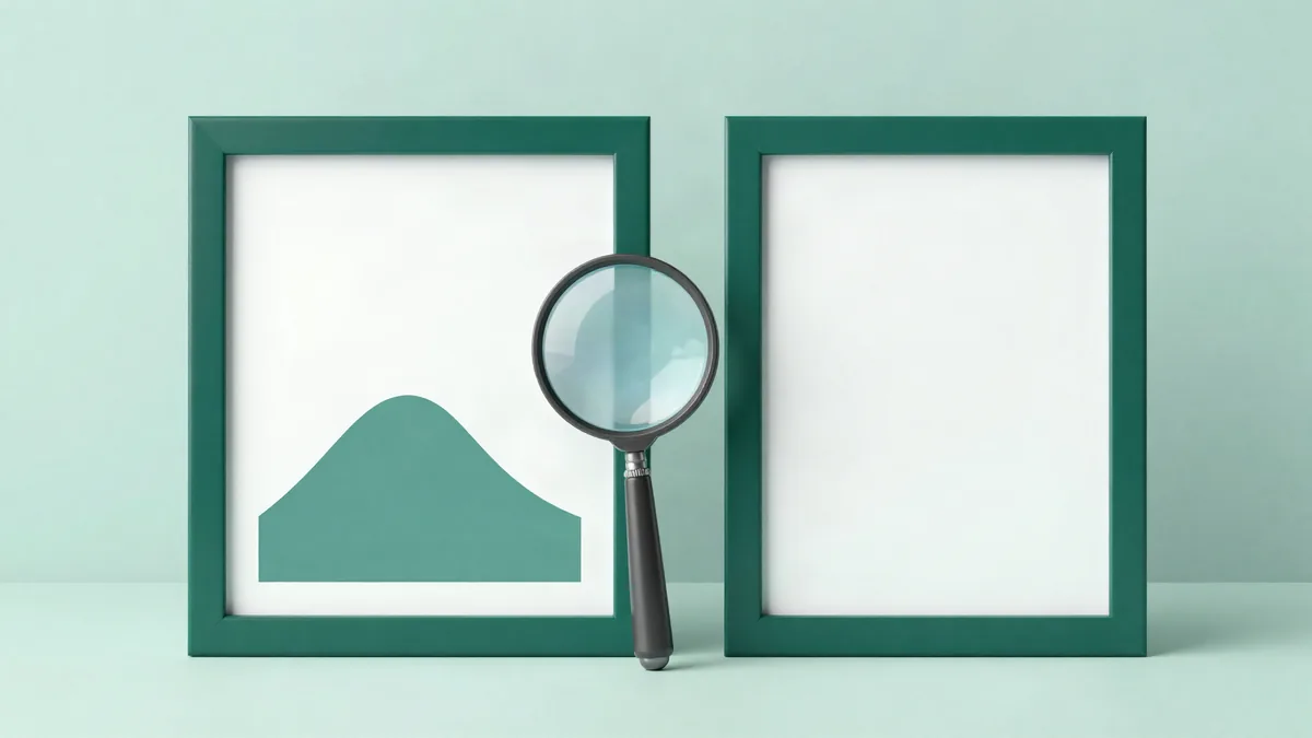 Ilustração plana de dois porta-retratos lado a lado sobre uma superfície, um com uma forma abstrata de montanha e outro vazio, com uma lupa entre os dois, em fundo verde-menta